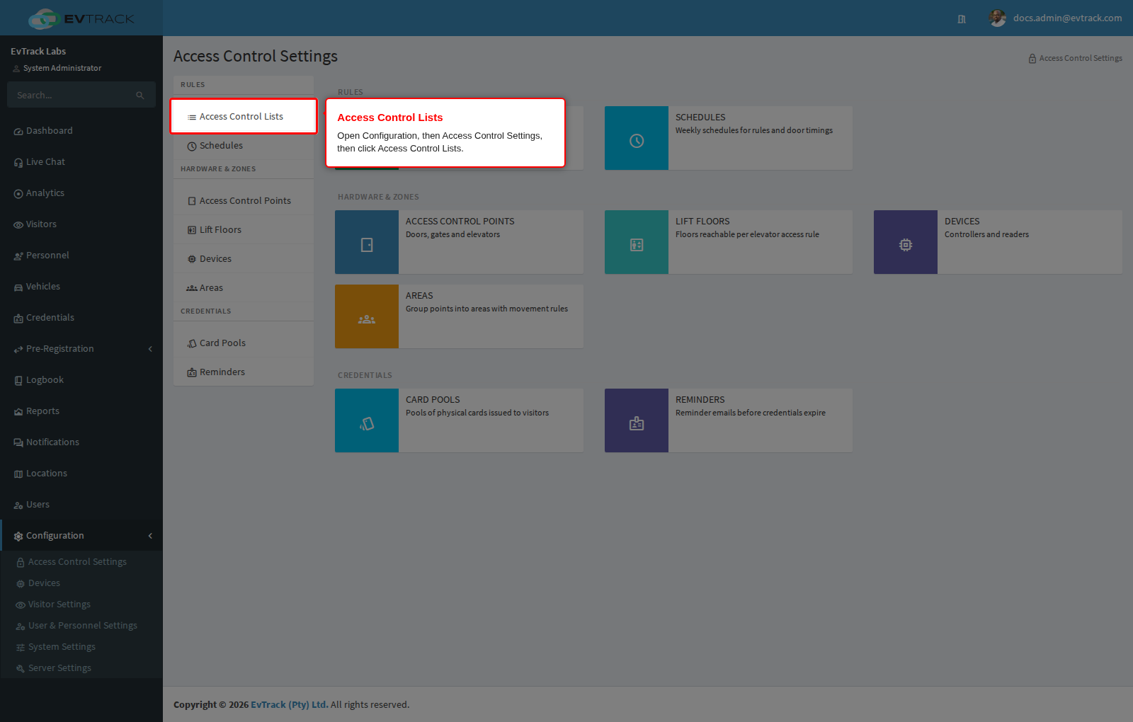 Access Control Lists in the settings menu