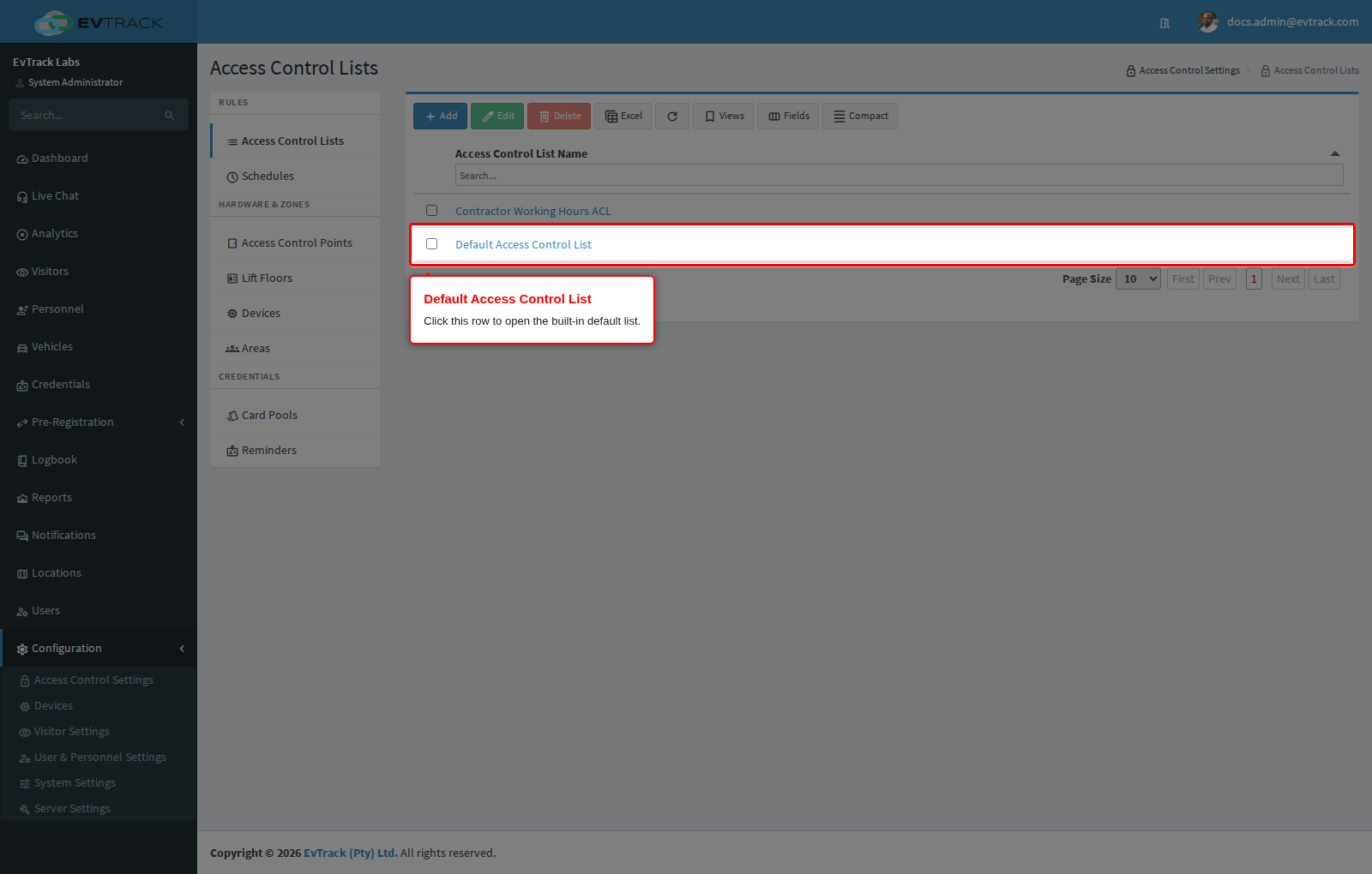 The Default Access Control List row