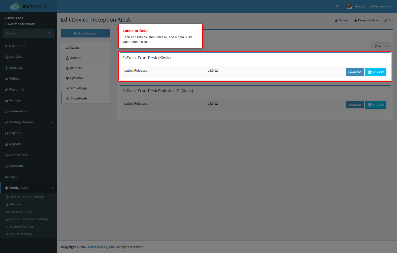 Kiosk app packages with their latest and beta releases