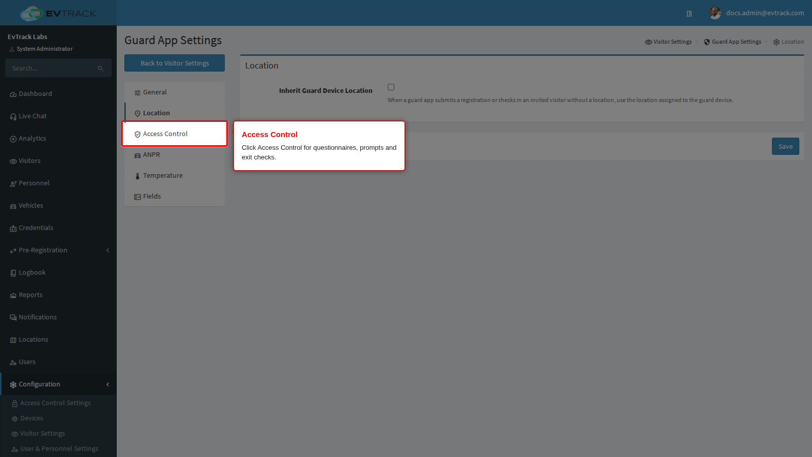 Access Control in the guard menu