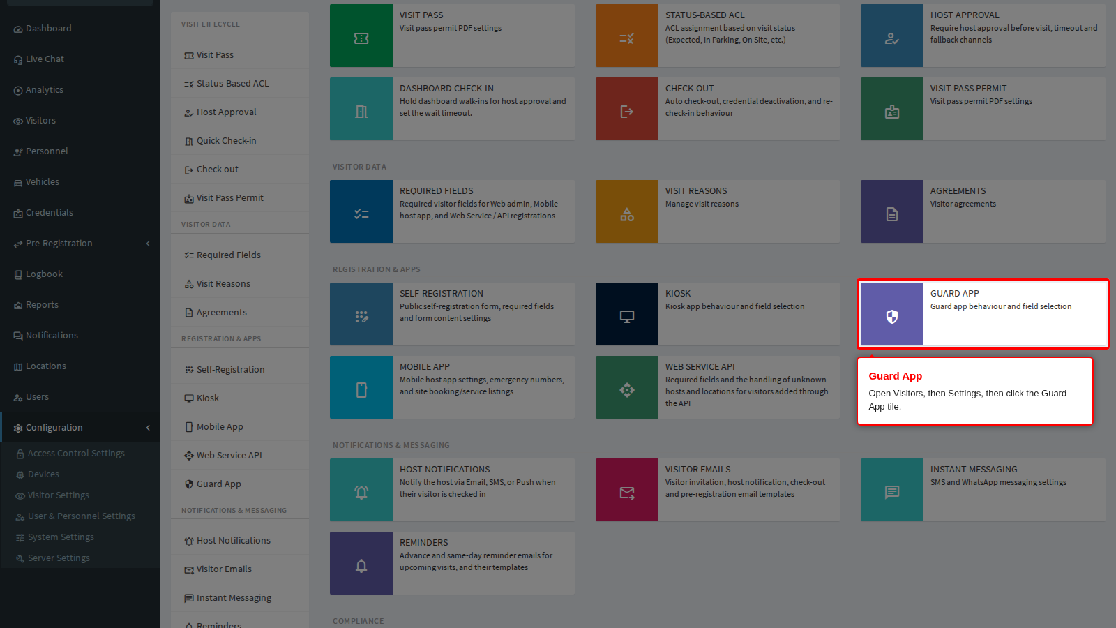 The Guard App tile on the Visitor Settings page