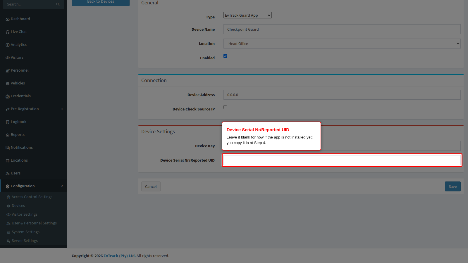 The Device Serial Nr/Reported UID on the Add form