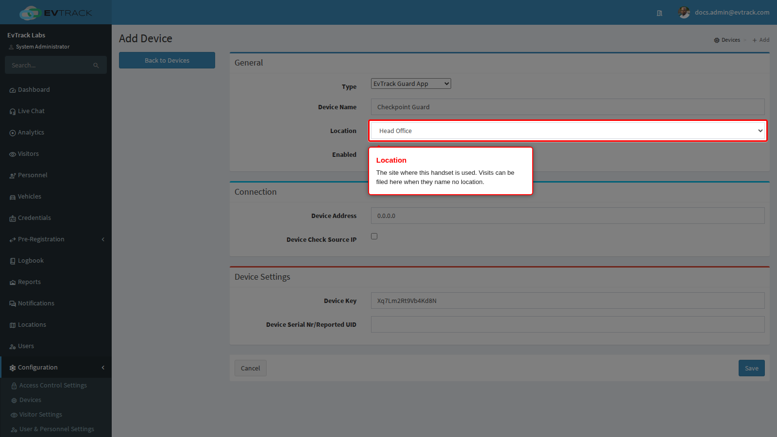 The Location select on the Add form