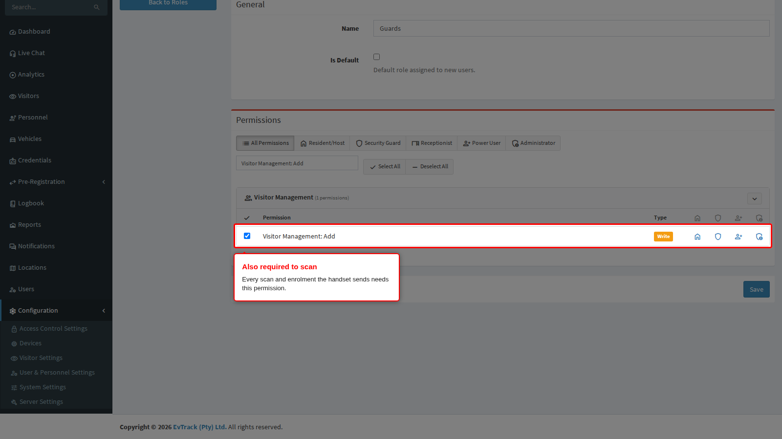 The Visitor Management: Add permission
