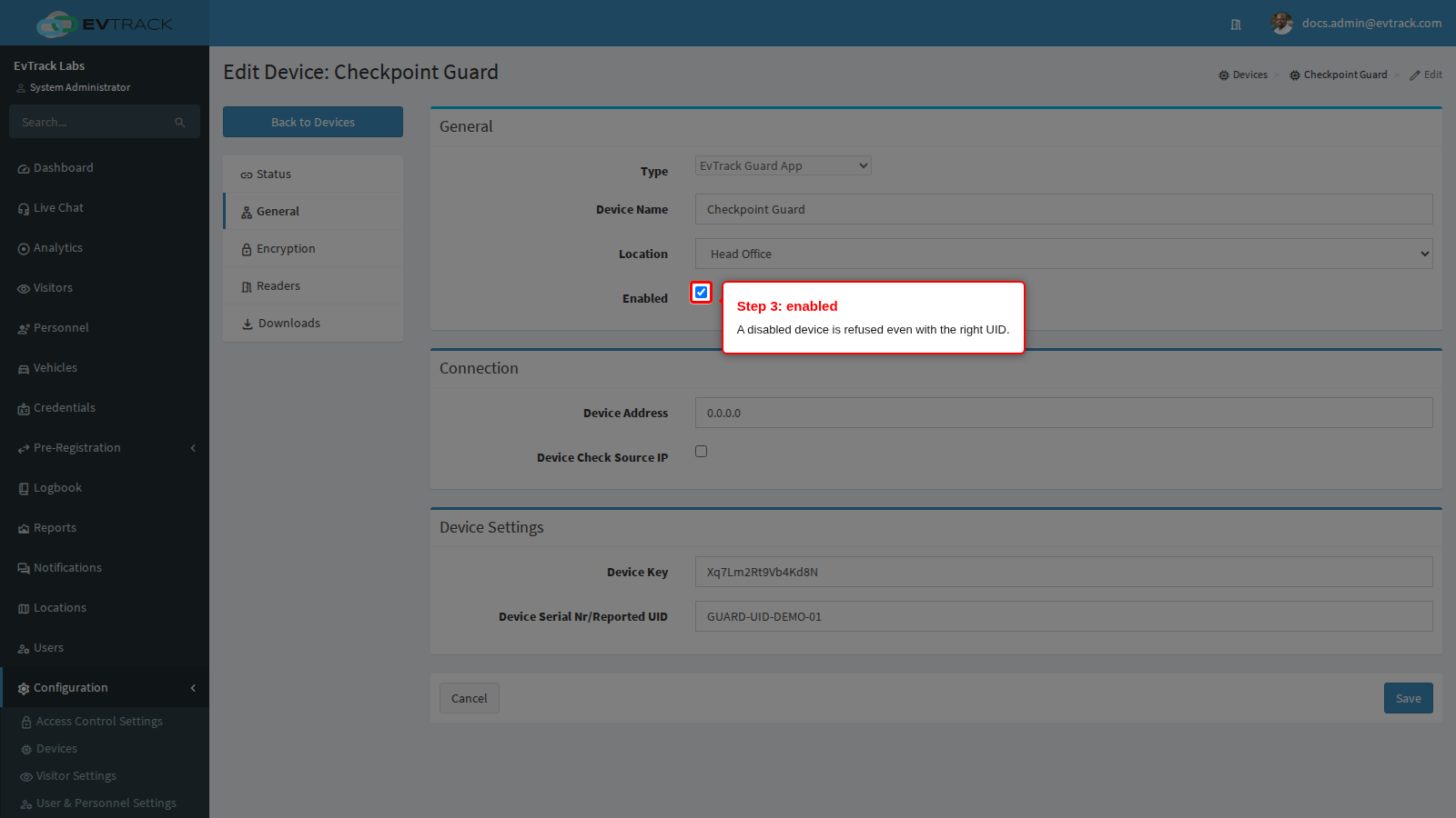 Enabled on the General panel