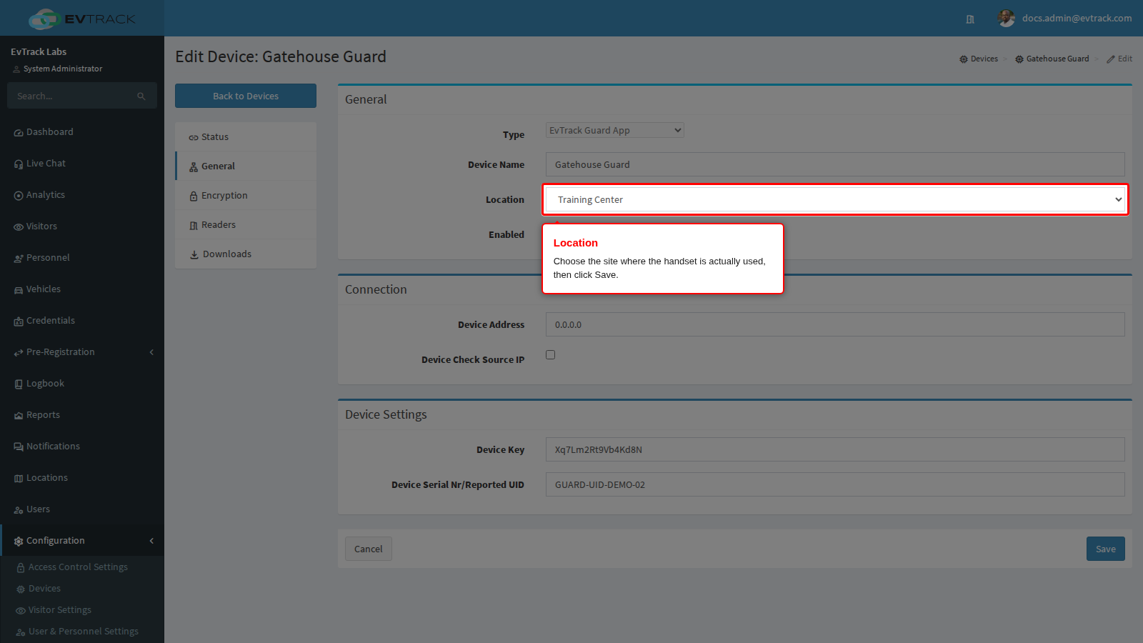 The Location select on the General panel