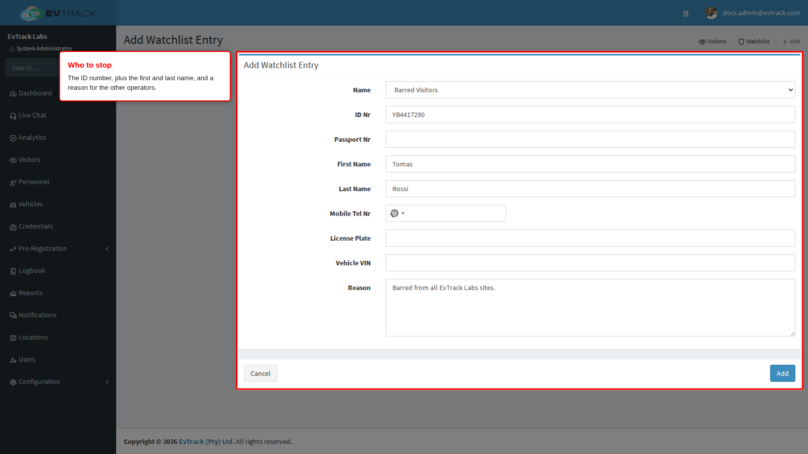 Tomas Rossi's details on the entry form