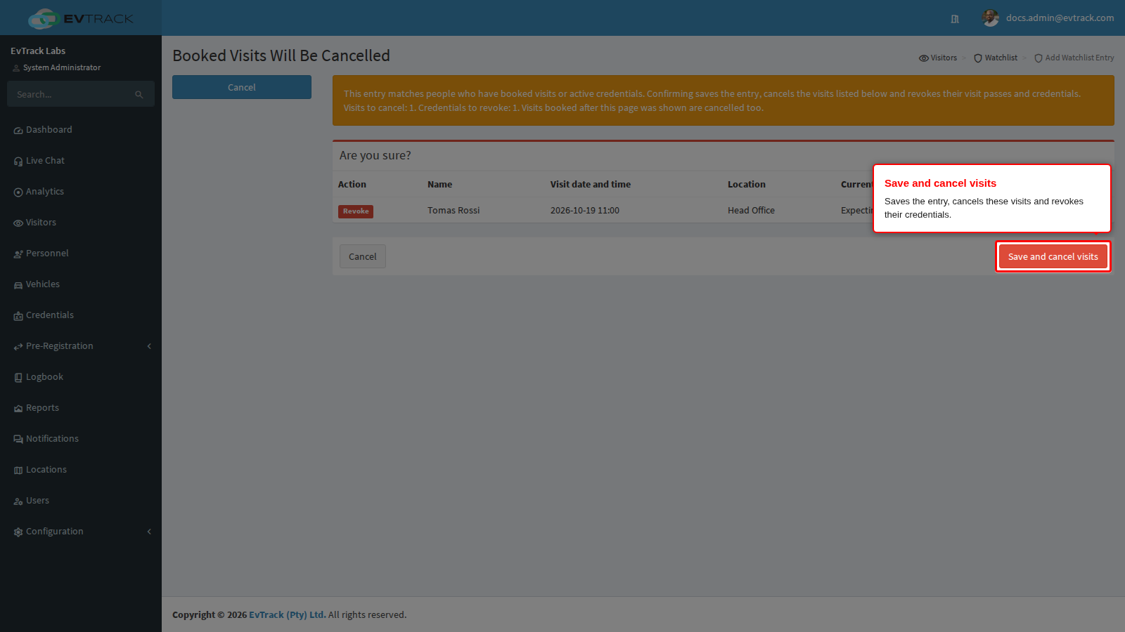 The Save and cancel visits button