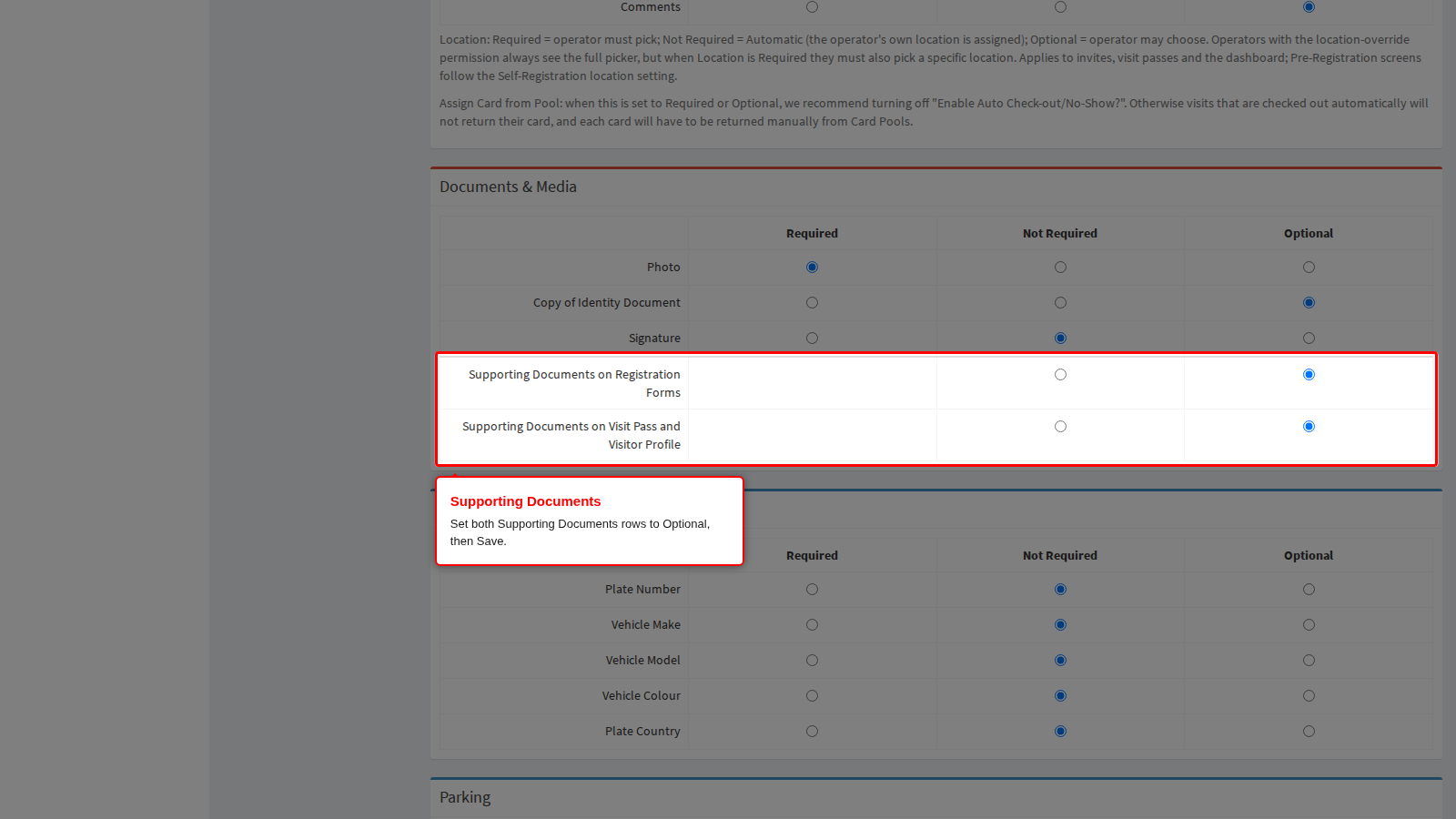 The Supporting Documents rows set to Optional