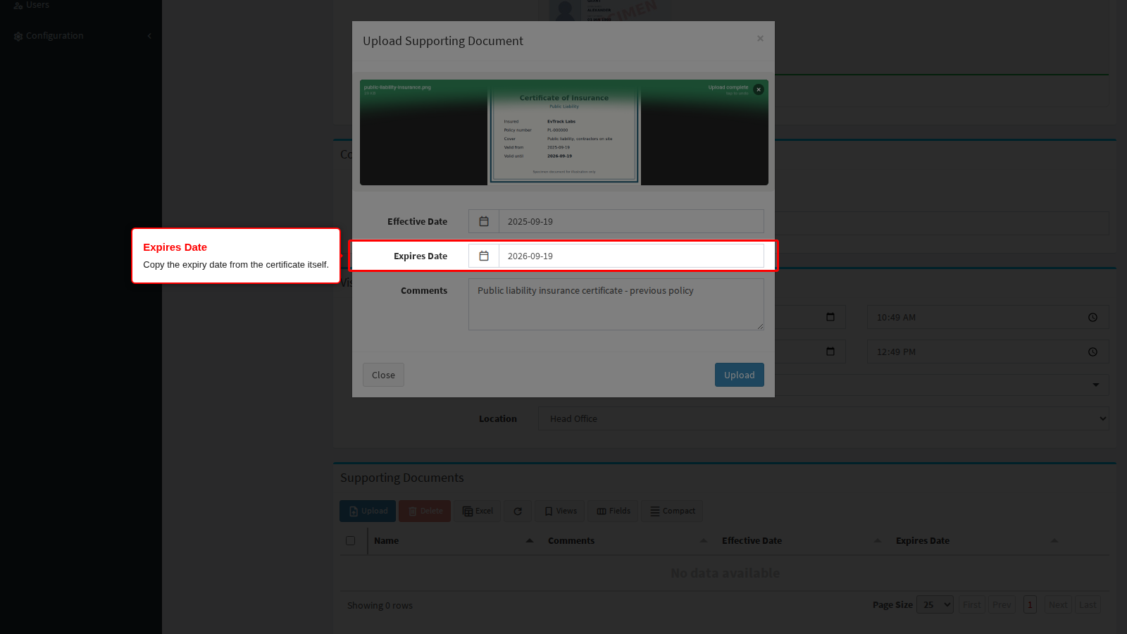 The upload dialog with the certificate's Expires Date