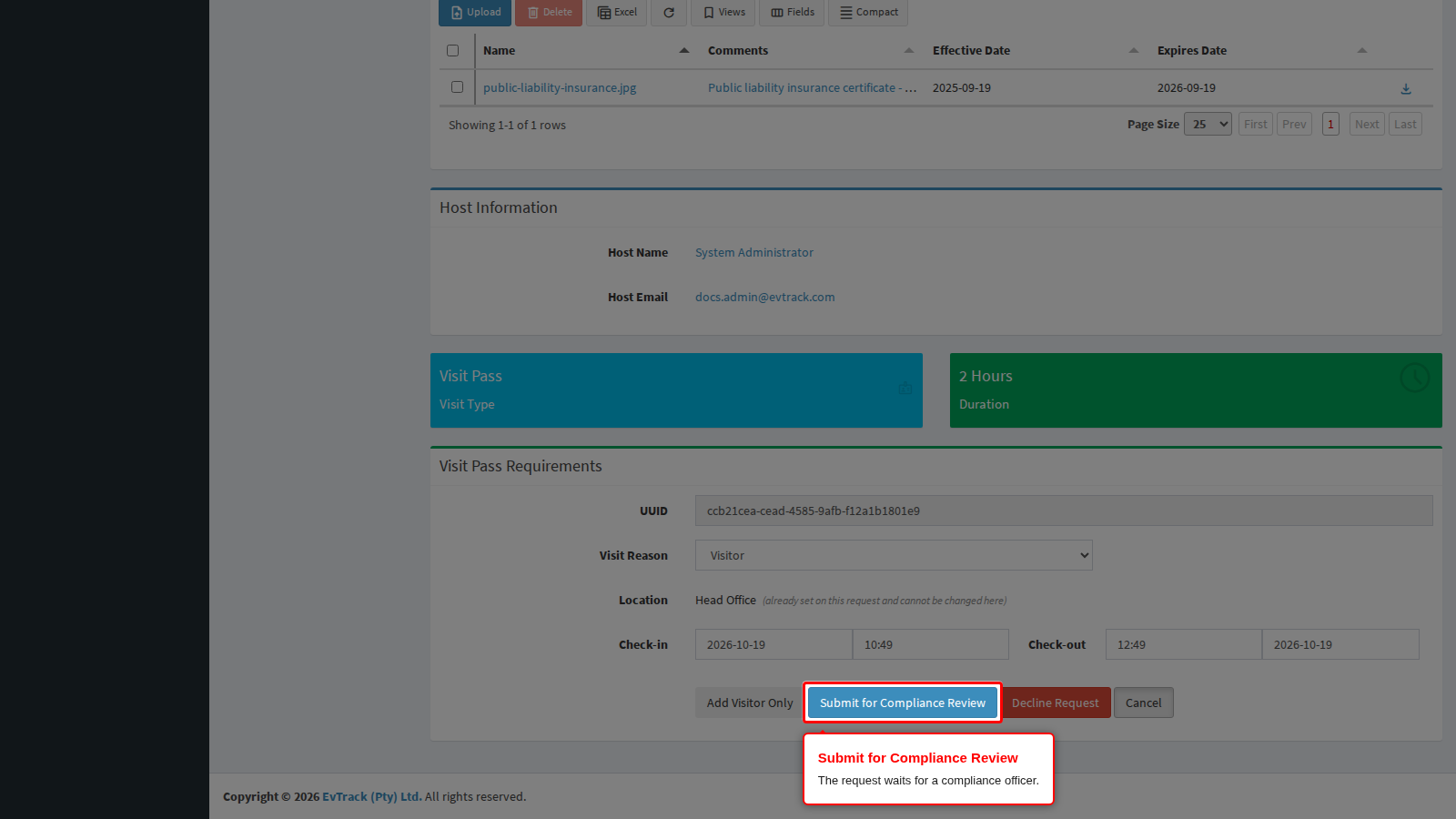 Submit for Compliance Review on the processing screen
