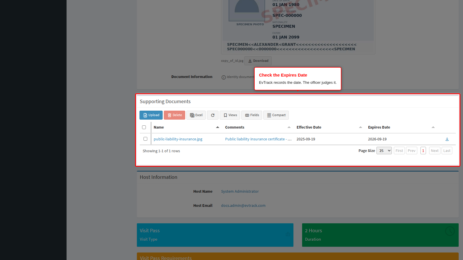 The certificate and its Expires Date on the officer's screen