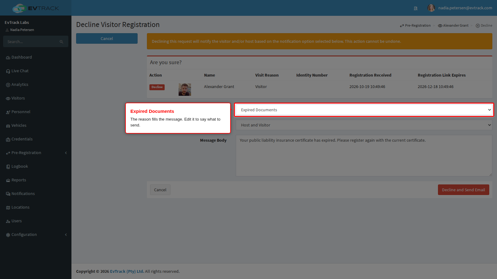 Expired Documents chosen as the decline reason
