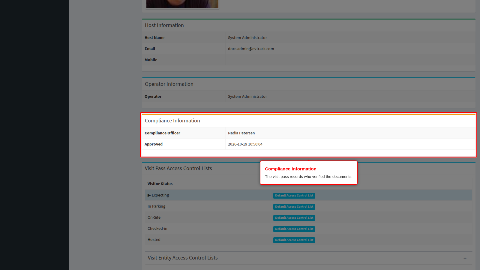 Compliance Information on the approved visit