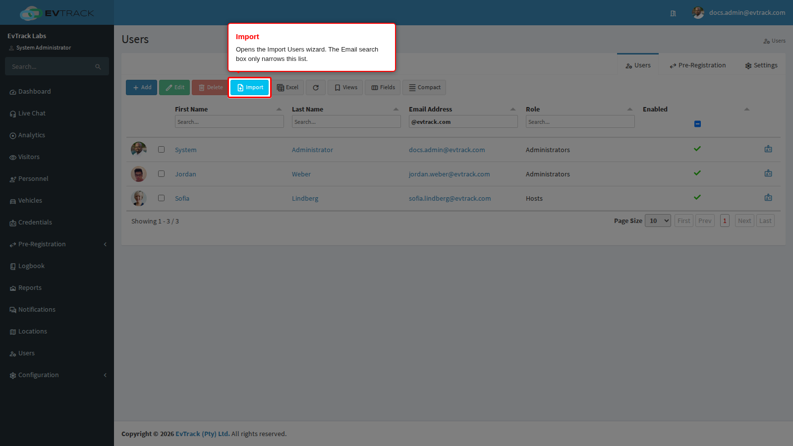 The Import button on the Users list
