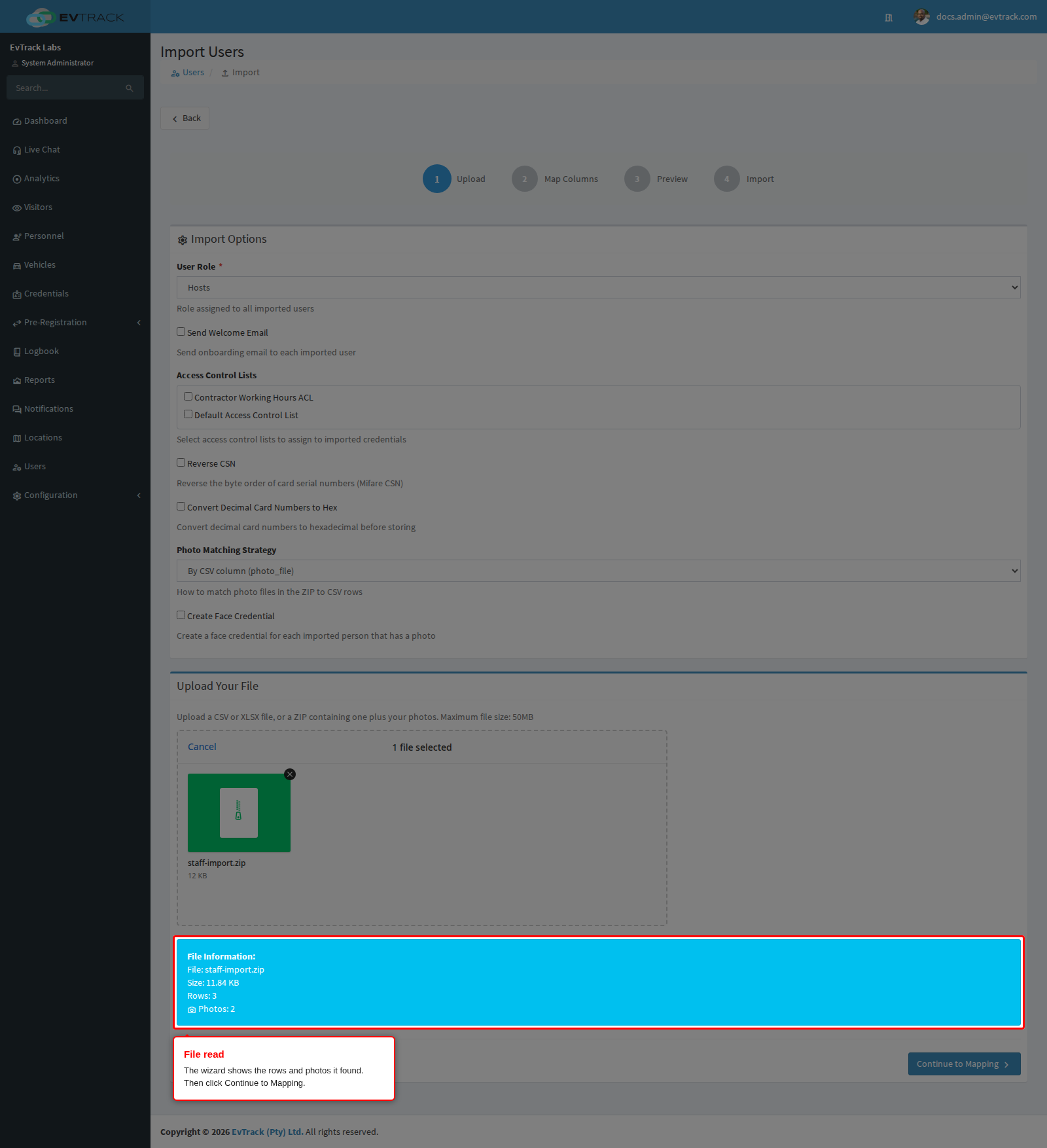 The uploaded file with its row and photo counts