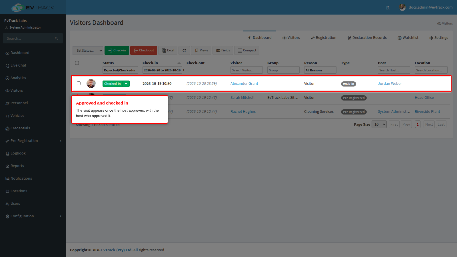 The approved visit on the Visitors Dashboard
