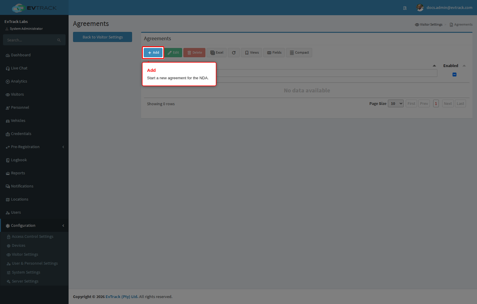 The Add button on Agreements