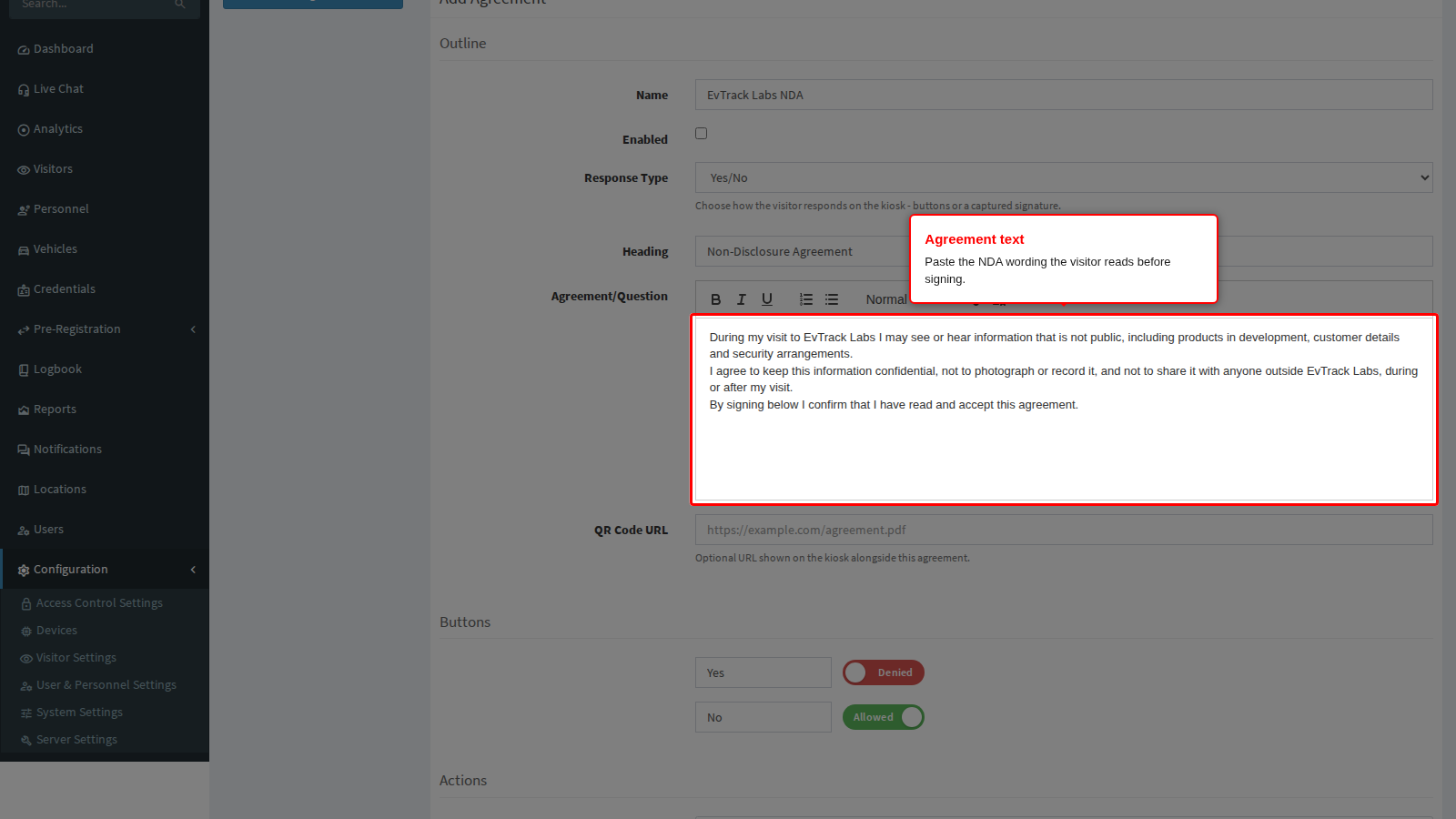 The NDA wording in the editor
