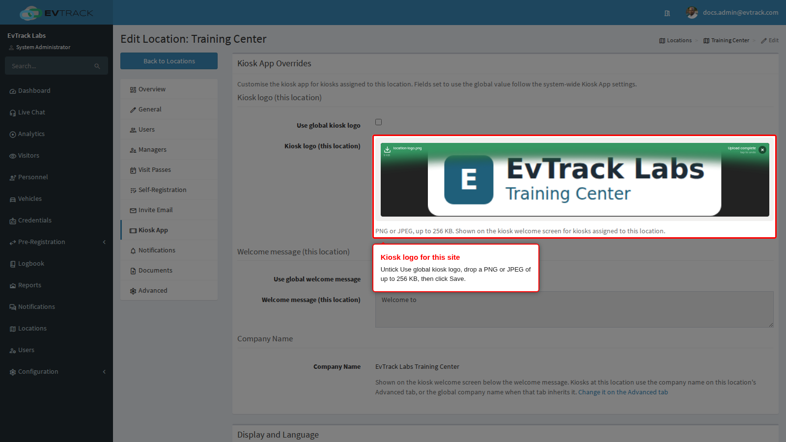 The Training Center logo on the Kiosk App tab
