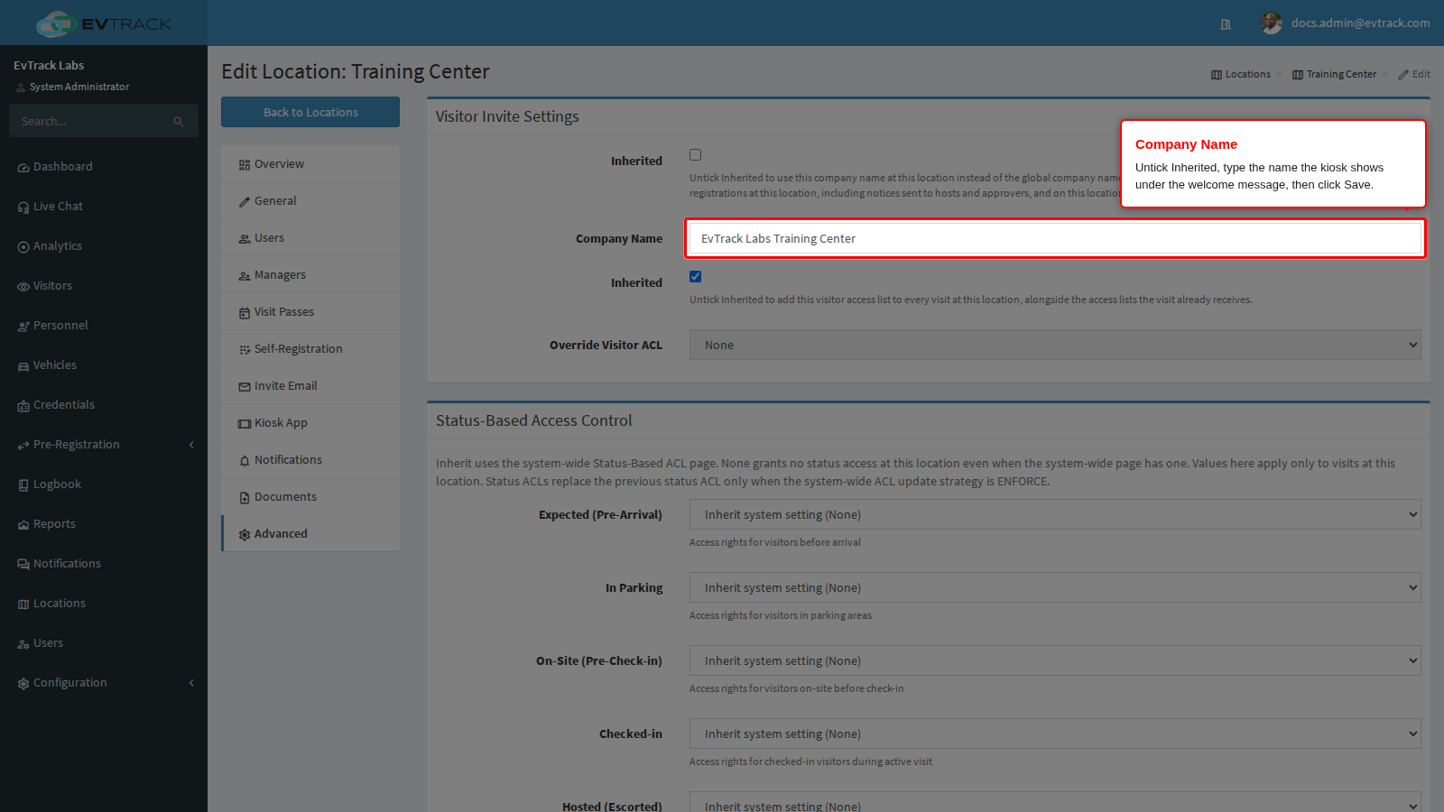 Company Name on the Advanced tab