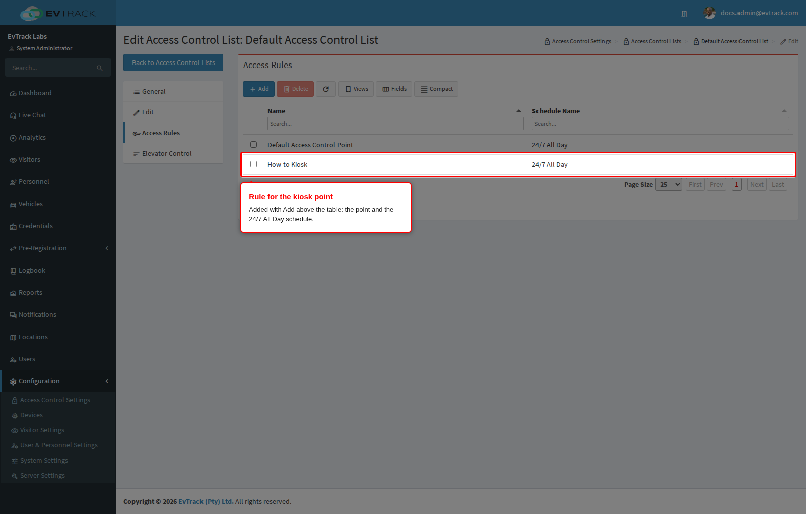 The kiosk point's rule on the Default Access Control List