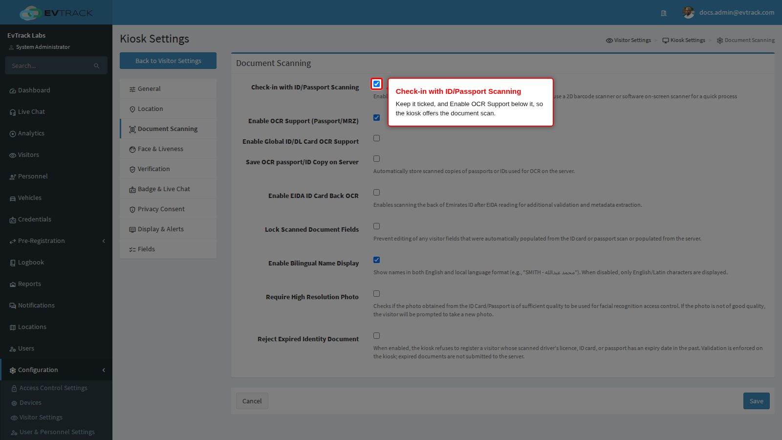 Check-in with ID/Passport Scanning on the Document Scanning panel