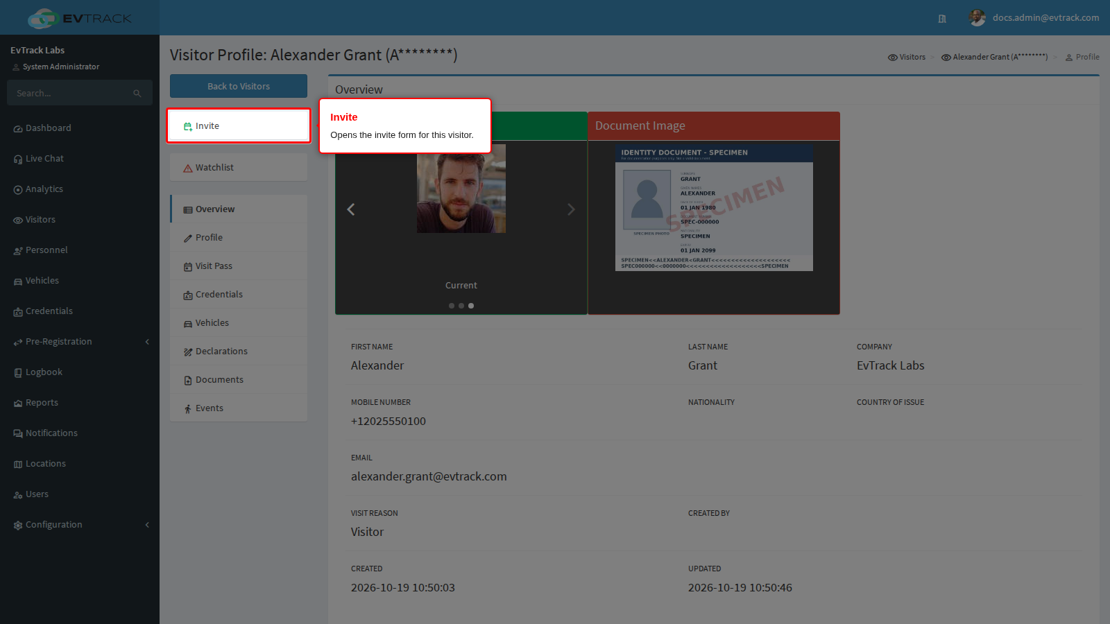 The Invite entry on the visitor profile