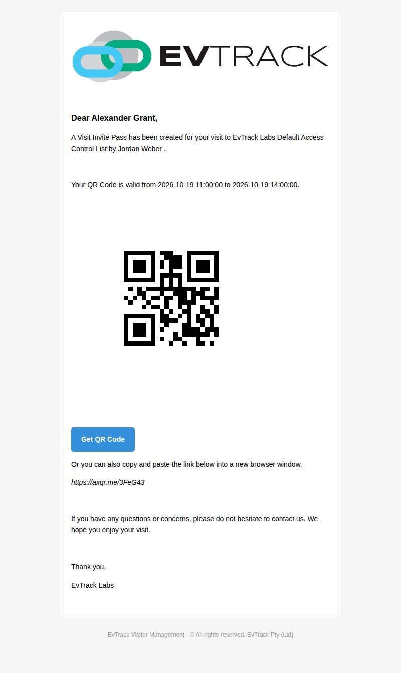 The invitation email with the QR code