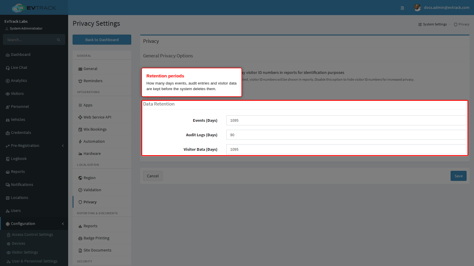 The three retention periods under Data Retention