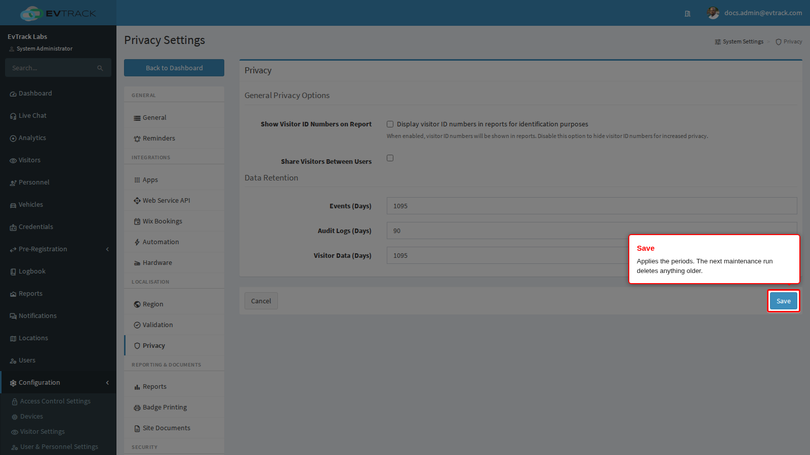 Save at the bottom of the Privacy panel