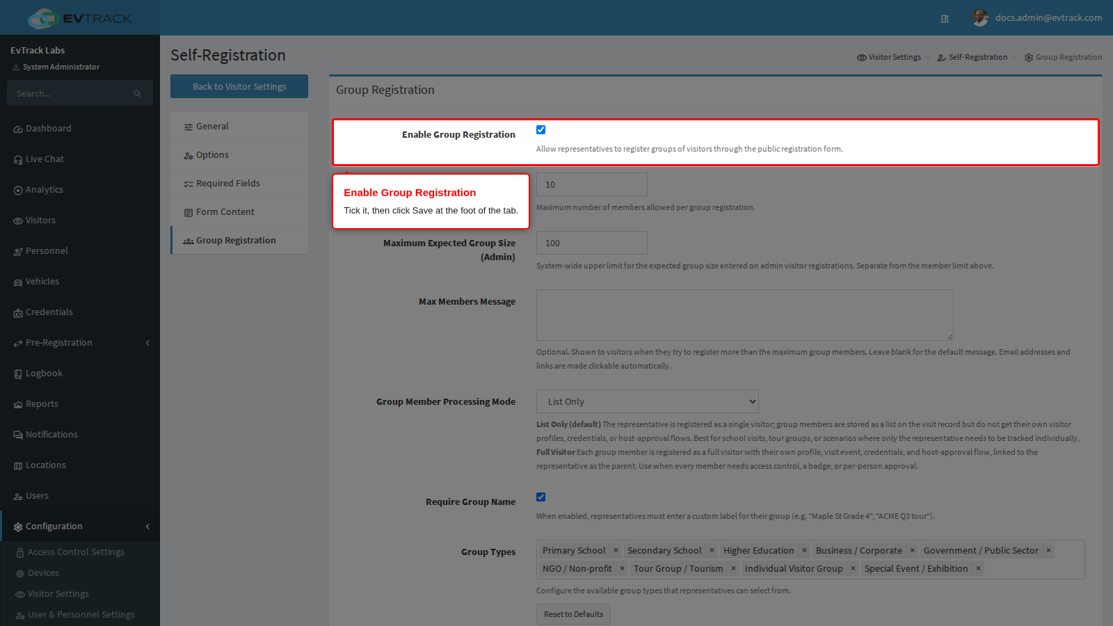 Enable Group Registration on the Group Registration tab