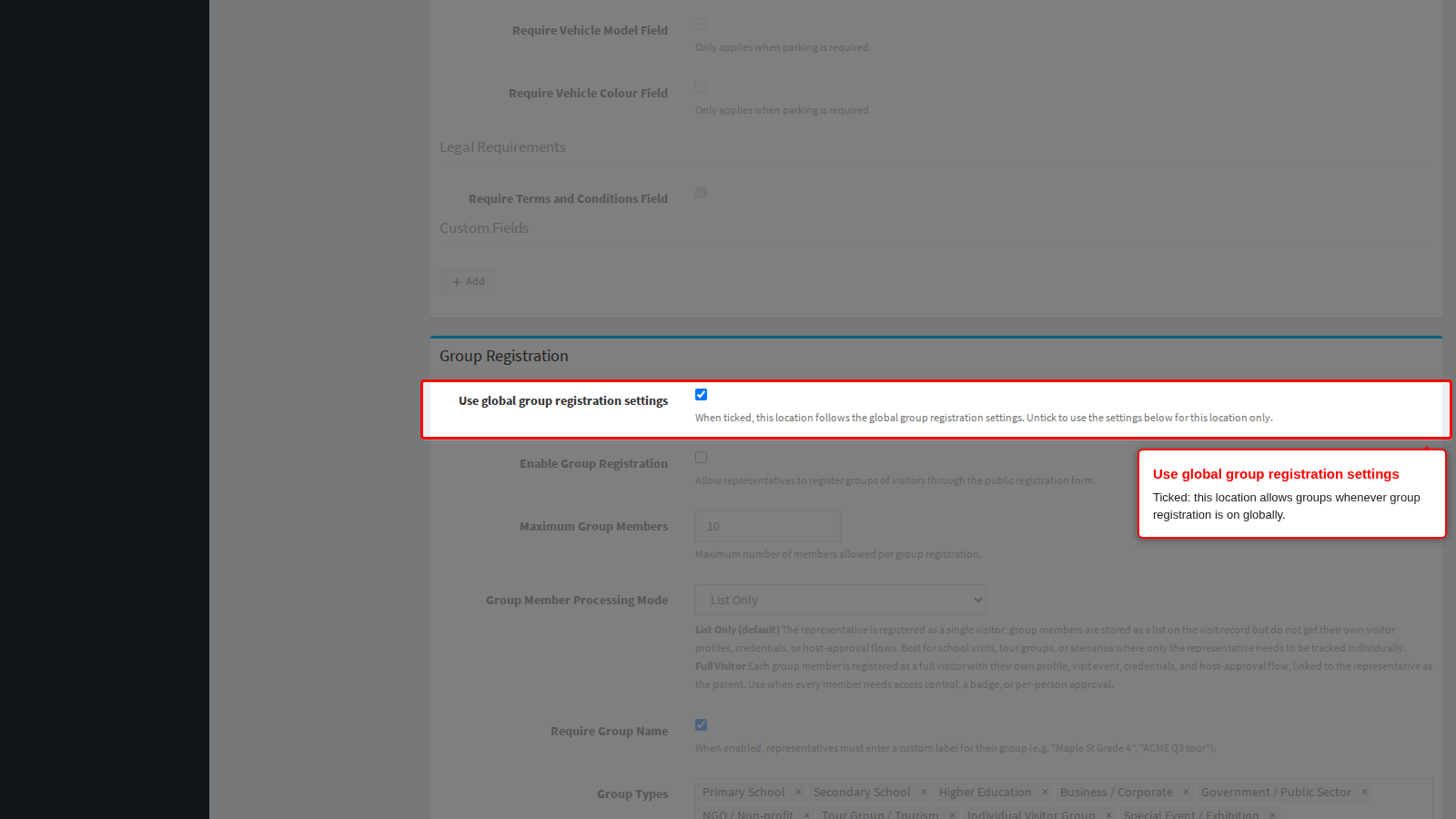 Use global group registration settings on the location's tab