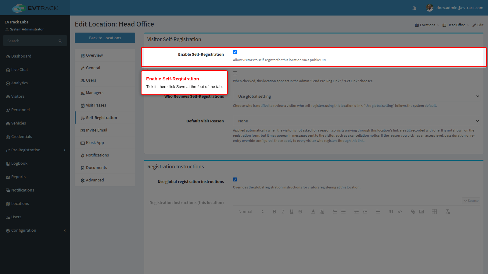 Enable Self-Registration on the location's tab