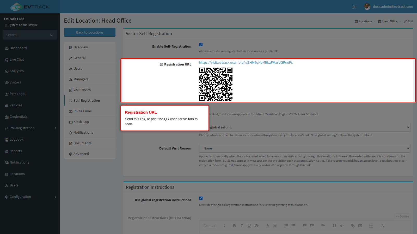 The Registration URL and its QR code