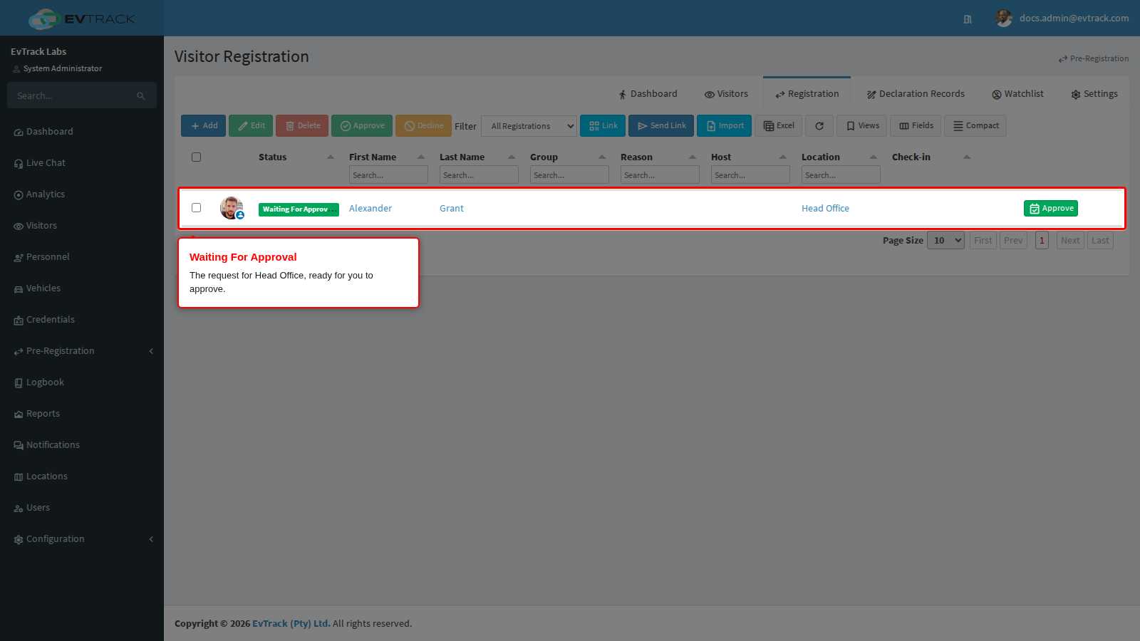 Alexander Grant's request, Waiting For Approval, in the Registration list