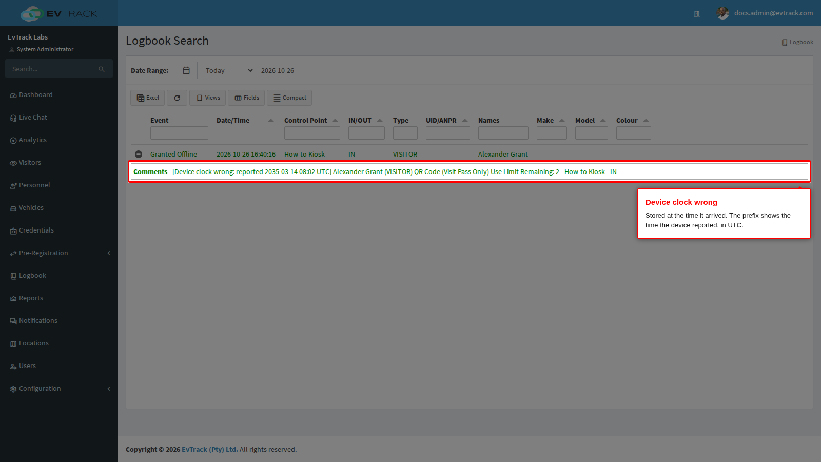 A Logbook event that starts with "Device clock wrong"