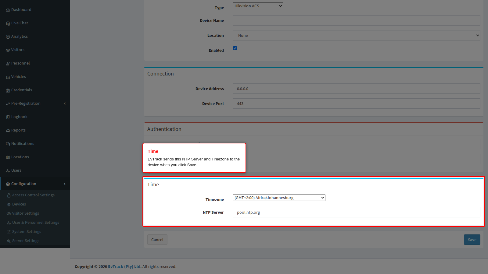 The Time panel with Timezone and NTP Server