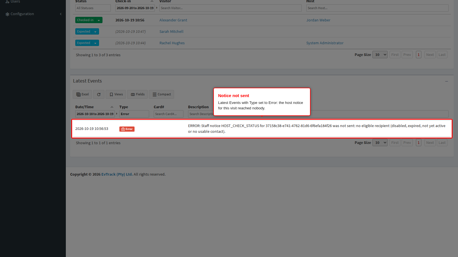 The Error event on the Dashboard