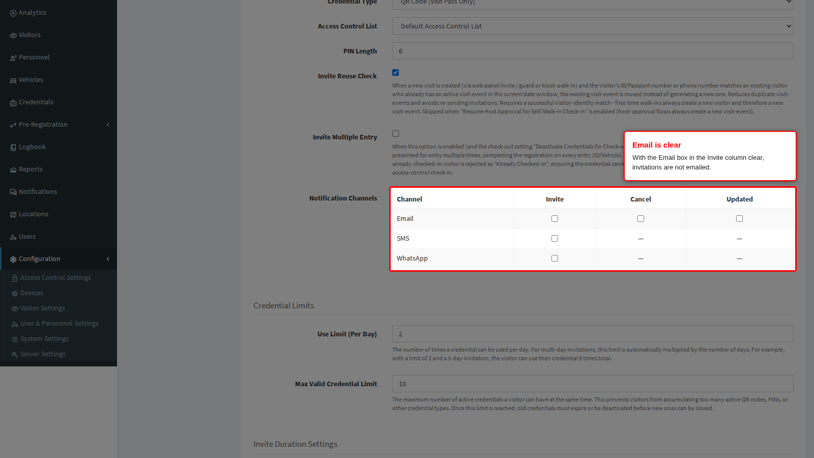 The Email box in the Invite column, clear