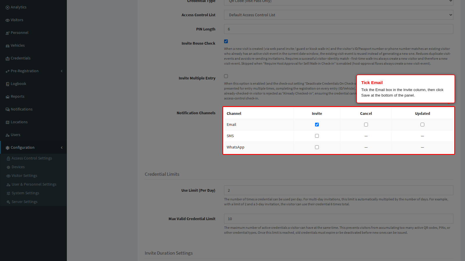 The Email box in the Invite column, ticked