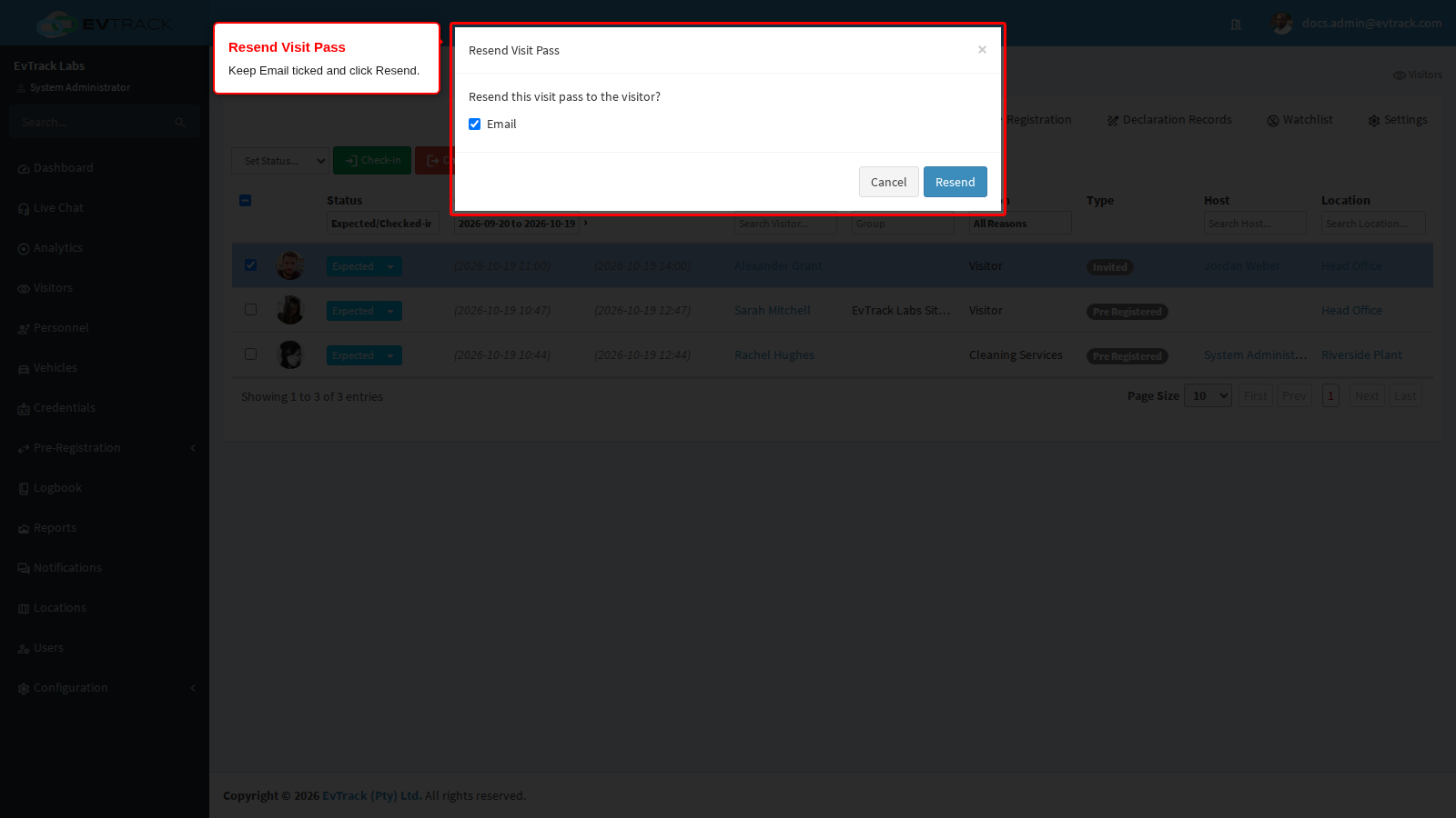The Resend Visit Pass dialog