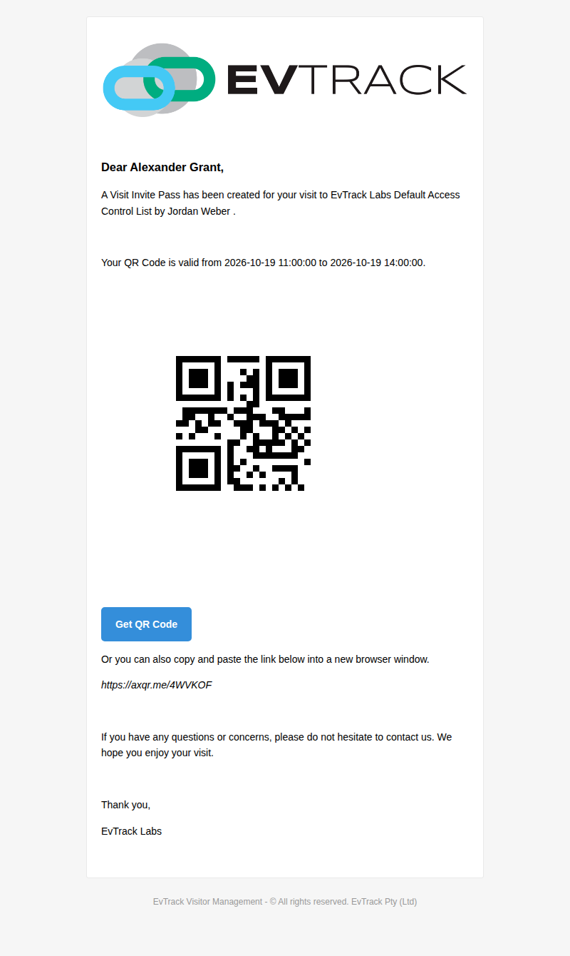 The invitation email in the visitor's inbox