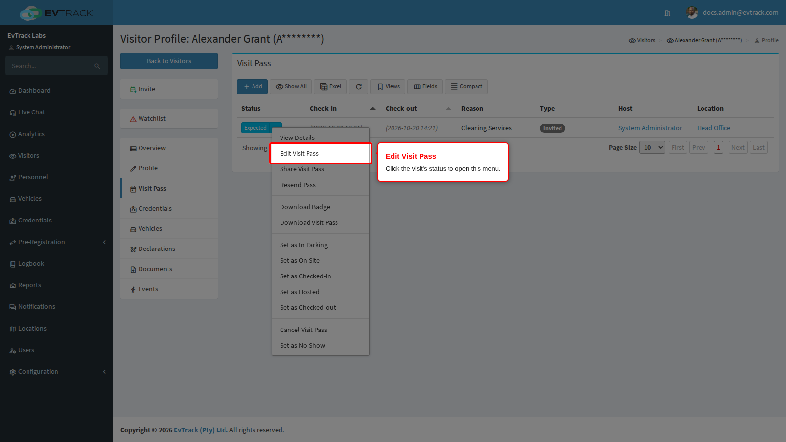 Edit Visit Pass in the status menu