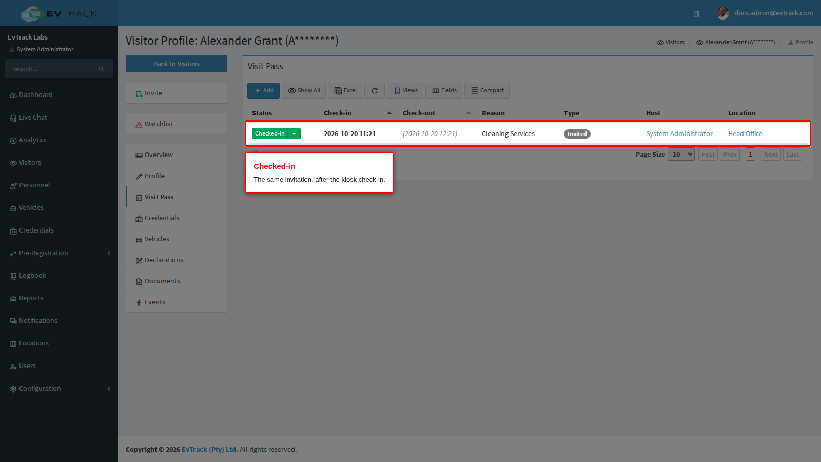 The same invitation with status Checked-in