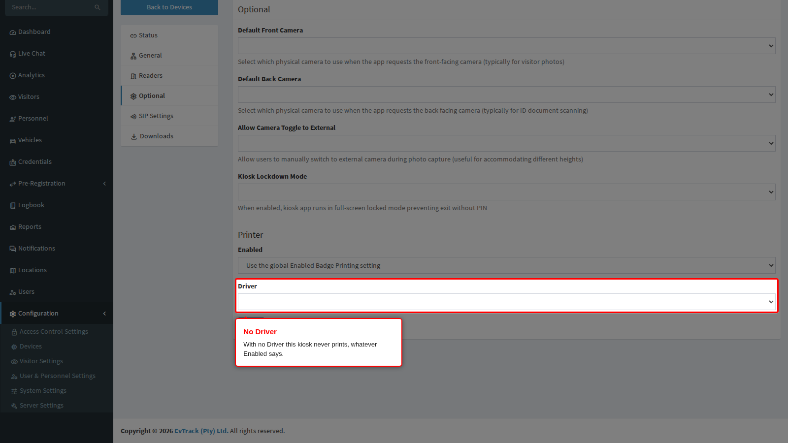 The Optional tab with no Driver