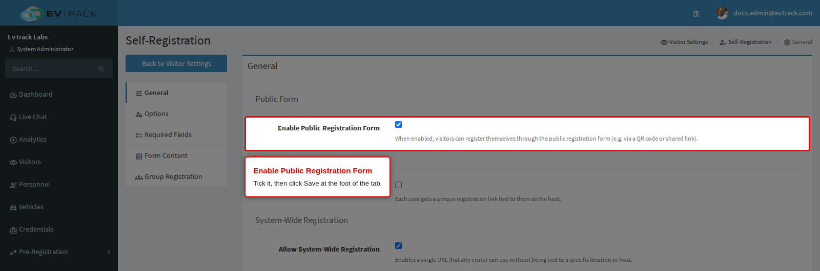 Enable Public Registration Form on the General tab