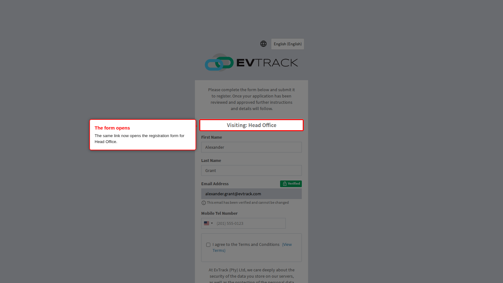 The registration form opened from the same link