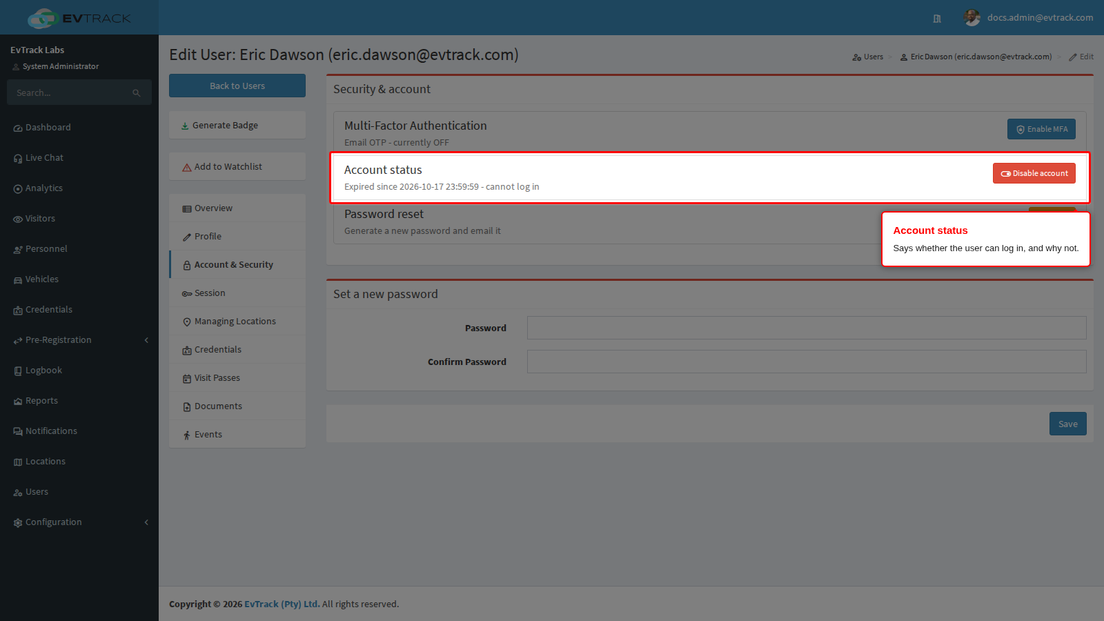 The Account status row of an expired account