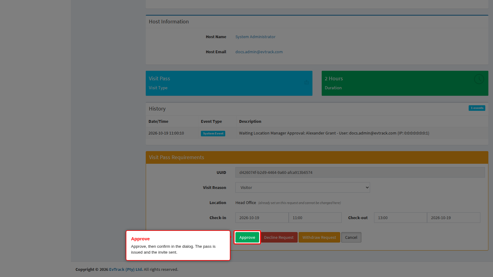 The Approve button on the processing screen